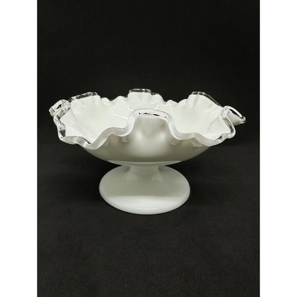 Vintage Fenton Milk Glass Bowl Pedestal Ruffle Silver Crest Candy Dish Scalloped - Picture 1 of 13